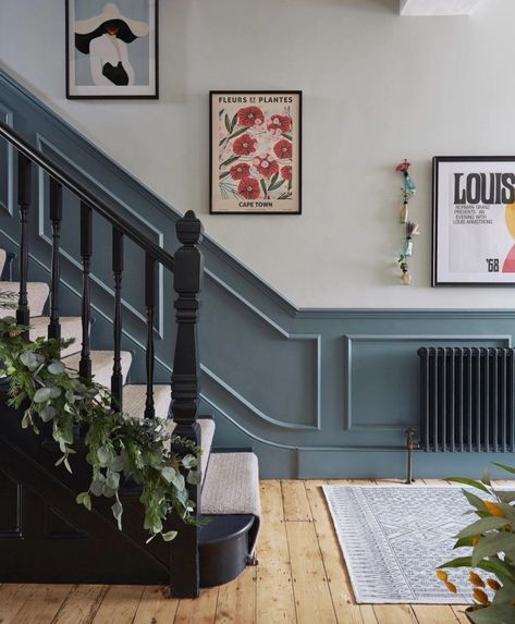 The best half wall panelling ideas in 2022 you can do yourself – Style your Sanctuary Hallway Blue And White, Victorian Hall Panelling, Trim Along Stairs, Stair Millwork, Lambriseringen Gang, Hallway Wall Colors, Stairs And Hallway Ideas, Hallway Panelling, Stair Paneling