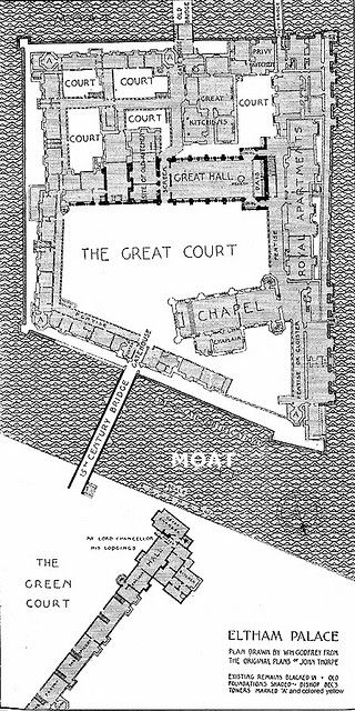 Plan of the old Royal Palace at Eltham in Kent. Henry VIII's favourite place  and his royal nursery. Castle Layouts, Royal Nursery, Castle Layout, Eltham Palace, Castle Architecture, Castle Floor Plan, Castle Plans, Tudor England, Tudor Dynasty