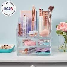 Maximize space on bathroom shelves, under the sink, and vanity counters with this versatile makeup organizer and multipurpose double storage drawer set. Stackable design great for sorting makeup brushes, eyeshadow palettes, skincare bottles, and compacts. Organize beauty products, office supplies, and pantry items around the home Outer dimensions of 1 makeup organizer 7.88" W x 6.63" L x 4.25" H and 1 double-drawer: 7.88" W x 6.63" L x 4.25" H Sink And Vanity, Organize Cosmetics, Clear Makeup Organizer, Vanity Counter, Dental Products, Acrylic Drawers, Clear Makeup, Makeup Holder, Cosmetic Display