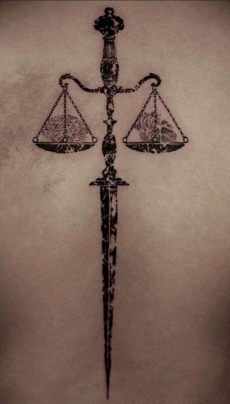 Libra Scale Tattoo For Men, Dagger Spine Tattoo, Justice Tattoo, Scale Tattoo, Libra Tattoo, Greek Tattoos, Makijaż Smokey Eye, Spine Tattoos, Black Ink Tattoos