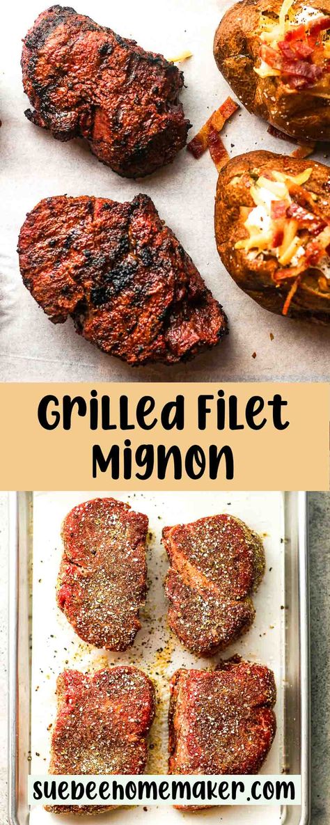 Grilled Filet Mignon is a special occasion main course featuring a tender beef tenderloin, expertly seasoned and seared to perfection on an open flame. The result is a mouthwatering steak with a charred exterior, giving it a great flavor that makes dining at home a special treat. Grilling Filet Mignon, Filet Mignon Recipes Grilled, Grilled Filet Mignon, Perfect Filet Mignon, Grilled Tenderloin, Mignon Steak, Grilled Steaks, Filet Mignon Recipes