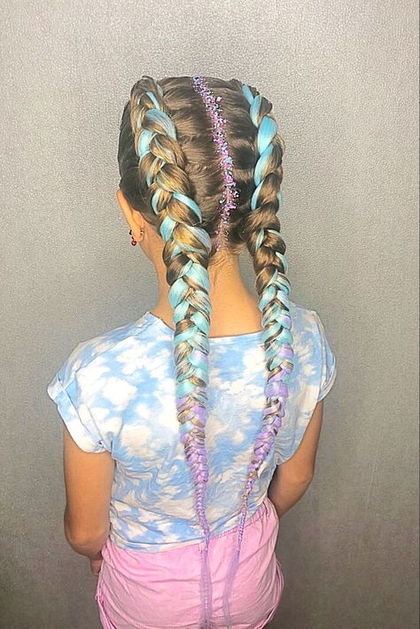 Glamorous Glitter Hair for a Magical Look Two French Braid With Extensions Hair Colors, Coloured Dutch Braids, Rainbow Dutch Braids, French Braid With Color Extensions, Dutch Braid With Color Extensions, Dutch Braids With Color Extensions, Cute Braids For Kids, Dutch Braids With Extensions, French Braids With Extensions