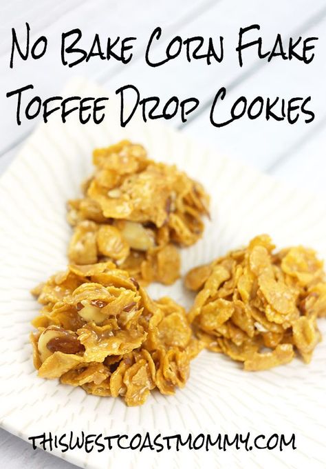 These No Bake Corn Flake Toffee Drop Cookies are a decadent treat made from corn flakes, sliced almonds, Mackintosh's Toffee, coconut milk, and vanilla. Cornflake Cookies Recipe, Cornflake Recipes, Cornflakes Cookies, Soft Toffee, Flake Recipes, Cornflake Cookies, Corn Flake, Drop Cookie Recipes, Baked Caramel