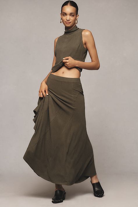 Rayon, elastane Pull-on styling Machine wash Imported | Ribbed Knit Maxi Skirt by Anthropologie in Green, Women's, Size: Large, Rayon/Elastane Knit Maxi Skirt Outfit, Maxi Skirt Outfit, Anthropologie Style, Maxi Skirt Outfits, Knit Maxi Skirt, Pleated Skirts, Midi Skirts, Skirt Outfit, Women's Skirts