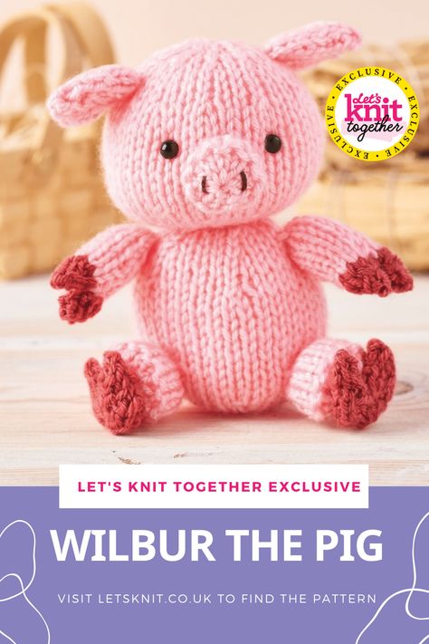 A pink knitted pig called Wilbur Knitted Pigs Free Pattern, Knit Pig Pattern Free, Knitted Pig Pattern Free, Pig Knitting Pattern Free, Christmas Knitting Projects, Easter Bunny Template, Animal Knitting, Knit Slippers Free Pattern, Bunny Templates