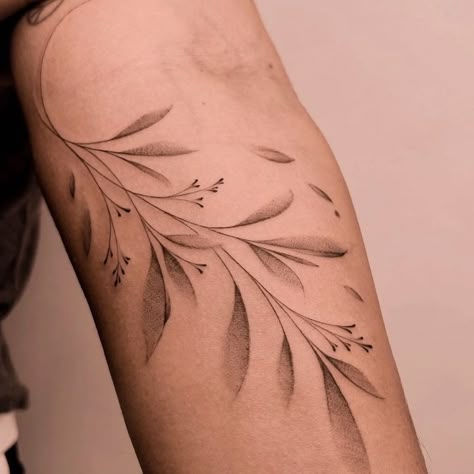 Foliage Arm Wrap Tattoo, Filler Leaves Tattoo, Realistic Leaves Tattoo, Faded Flower Tattoo, Stipple Leaf Tattoo, Leafy Floral Sleeve Tattoo, Pretty Leaves Tattoo, Realistic Leaf Tattoo, Sun And Leaves Tattoo