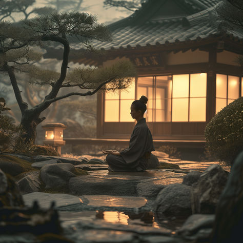 a young adult meditating in a zen garden at night beautiful muted colours Japanese Meditation Garden, Japanese Meditation, Jedi Oc, Chinese Meditation, Garden At Night, Night Beautiful, Meditation Corner, Japanese Zen Garden, Japan Landscape