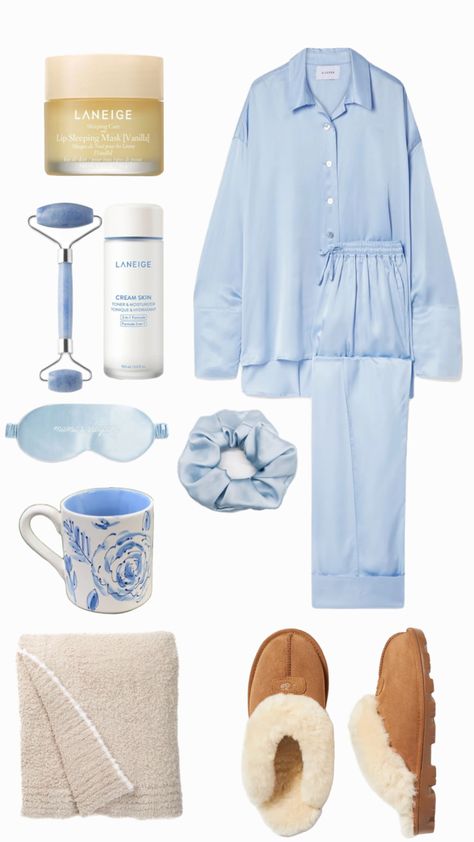 Dressing Gown Aesthetic, Classy Loungewear, Sleepy Blue, Sleep Outfit, Sleep Essentials, Sleep Clothes, Blue Mug, Cute Pjs, Pajama Fashion