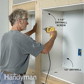 Install the drywall for the built-in bookcase.                                                                                                                                                                                 More Bookshelf Entertainment Center, Built In Wall Shelves, Hanging Kitchen Cabinets, Bookcase Plans, Drywall Installation, Plasterboard Wall, Built In Bookcase, Family Handyman, Built In Shelves