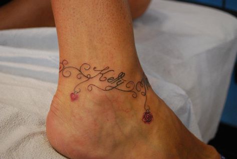 Anklet Tattoos With Names, Ankle Name Tattoo For Women, Bracelet Tattoos With Names, Tattoos Ankle, Tattoos With Names, Bracelet Tattoos, Ankle Bracelet Tattoo, Ankle Tattoos For Women, Bracelet Tattoo