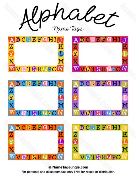 Free printable alphabet name tags. The template can also be used for creating items like labels and place cards. Download the   PDF at http://nametagjungle.com/name-tag/alphabet/ Kindergarten Name Tags, Alphabet Tag, Preschool Name Tags, Cubby Name Tags, Tag Template Free, Cubby Tags, Classroom Name Tags, Kindergarten Names, Name Tag For School