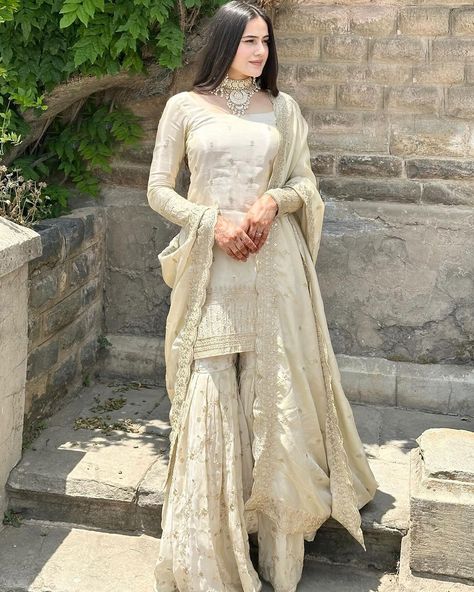 Cream Woven Pure Chinnon Silk Kurta with Sharara and Dupatta - Classiques - 4403121 Bollywood Bridesmaid, Indian Royalty, Full Sleeve Top, Pakistani Salwar, Sharara Suit, Pakistani Salwar Kameez, Anarkali Gown, Silk Kurta, Heavy Embroidery