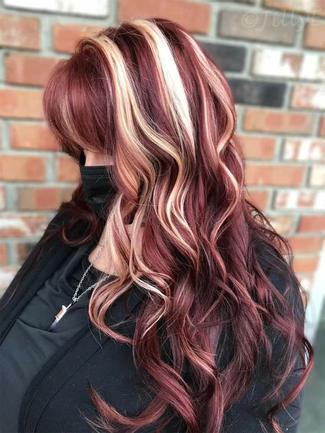 Red And White Chunky Highlights, Maroon Hair Blonde Highlights, Red With Platinum Highlights, Burgundy Hair With White Streak, Cherry Coke Peekaboo Hair, Red Hair Color Inspiration, Red And Highlights Hair, Fall Red And Blonde Hair Color, Unique Hair Colour Ideas