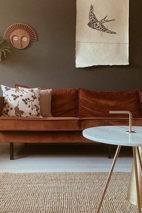 Brown Walls Living Room, Velvet Sofa Living Room, Brown Sofa Living Room, Trendy Sofas, Sofa Design Ideas, Color Palette Living Room, Orange Sofa, Sofa Inspiration, Brown Couch