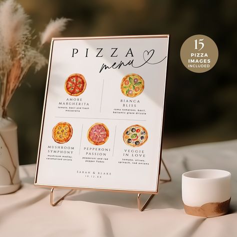 🍕 Add a delicious twist to your wedding reception with our "Pizza" Bar Menu sign. This modern and minimalist design is the perfect addition to your wedding decor, featuring a customizable pizza menu for your guests to savor. This sign is editable and printable and you can choose your pizza image to suit your menu! ✨  ------------------------------------------------------------------------------ **Please note this is a digital product - nothing physical will be shipped to you. Once you have plac Pizza Bar For Wedding Reception, Pizza Table Wedding, Cheap Wedding Meal Ideas, Pizza Wedding Sign, Pizza At Wedding Reception, Pizza For Wedding, Pizza At A Wedding, Pizza At Wedding, Wedding Food Ideas On A Budget