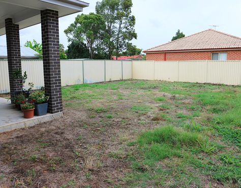 Before & After: Jamie Durie Transforms A Bare Backyard | homes+ Suburban Backyard Landscaping, Bare Backyard Makeover, Suburban Backyard Ideas, Backyard Before And After, Square Backyard Landscaping, Backyard Dining Area, Suburban Backyard, Grass Landscaping, Spring Landscaping