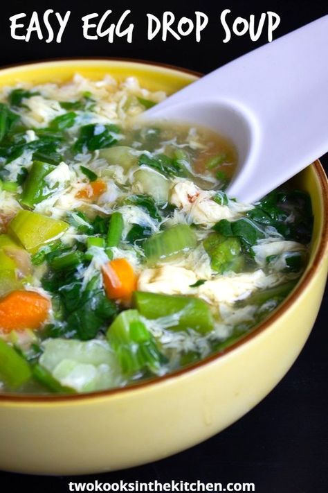 This easy Egg Drop Soup is loaded with vegetables and fluffy egg ribbons, making it a healthy and delicious version of the popular Chinese restaurant soup. #Chineseeggdropsoup #eggdropsourrecipe #Chinesesouprecipe Easy Egg Drop Soup, Vegetable Wontons, Soup With Vegetables, Chinese Soup Recipes, Sour Foods, Egg Drop Soup, Asian Vegetables, Vegetarian Main Dishes, Egg Drop