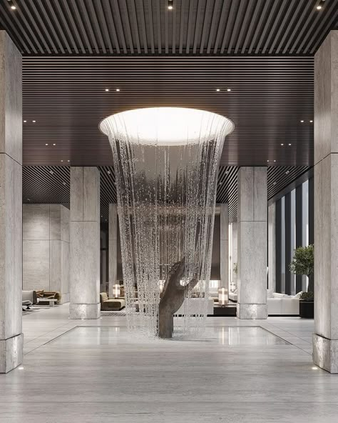 Futuristic Lobby, Sofa Minotti, Modern Lobby, 2022 Picture, Hotel Lobby Design, Lobby Interior Design, Indoor Waterfall, Rehabilitation Center, Lobby Interior