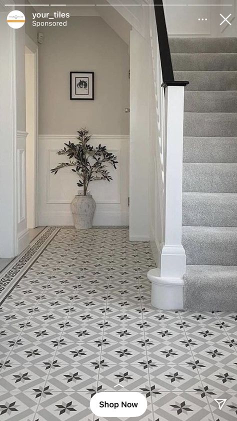 Entry Tiles, Victorian Terrace Hallway, Victorian House London, Hallway House, Stairs And Hallway Ideas, Kitchen Tiles Floor, Hallway Tiles Floor, Hall Tiles, Stair Paneling