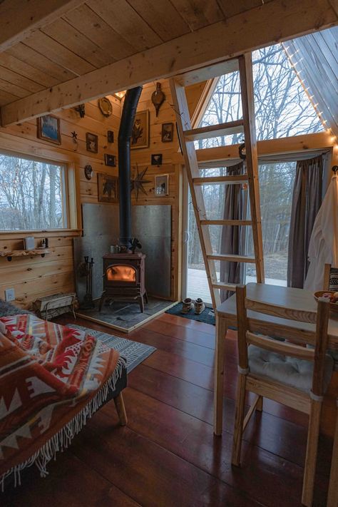 The G Frame...an offGrid Cabin + woodstove sauna - Cabins for Rent in Sanbornton, New Hampshire, United States Sara Underwood, Outdoor Tub, Pump House, Off Grid Cabin, Cabin Interiors, Sleeping Loft, Tiny House Cabin, Small Cabin, Cabin In The Woods