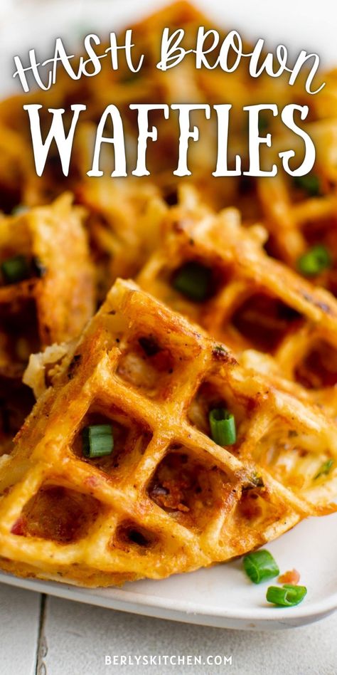 Hash Brown Waffles on a white platter. Shredded Breakfast Potatoes, Hash Brown Waffles, Hashbrown Waffles, Easy Yummy Breakfast, Fluffy Cinnamon Rolls, Potato Waffles, Waffle Maker Recipes, Breakfast For A Crowd, Hashbrown Recipes