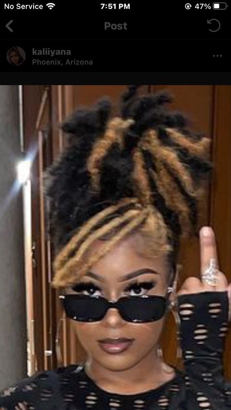 Dreads With Color Black Women, Freaknik Hairstyles Locs, Dyed Locs Black Women Natural Hair, Trendy Locs Hairstyles, Dreadlocks With Extensions Black Women, Short Loc Styles With Bangs, Loc Hairstyles With Swoop, Alt Dreadlock Hairstyles, Black Locs With Blonde Highlights