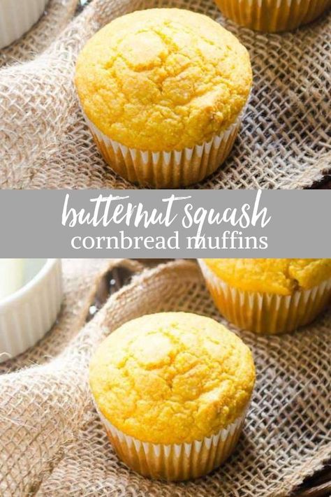 Butternut Squash Cornbread Muffins are an easy cornbread muffin recipe with the sweetness of butternut squash.  They're moist, fluffy and the perfect side dish! #cornbread #cornbreadmuffins #butternutsquashrecipes Butternut Squash Cornbread, Squash Cakes Recipes, Corn Muffin Recipes, Squash Cornbread, Butternut Squash Dessert, Cornbread Muffin Recipe, Easy Cornbread Muffins, Butternut Squash Muffins, Cornbread Muffin