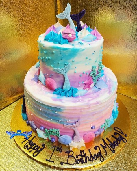 Mermaid Tier Cake, Mermaid Cake Two Tier, Mermaid Two Tier Cake, 2 Tier Mermaid Cake, Hairstyle Mermaid, Tasty Cakes, Celebration Decorations, Birthday Boards, Tiered Cakes Birthday