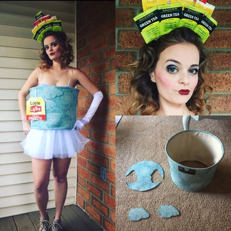 Homemade tea cup, tea headband crown. Pop culture reference to Spilling the Tea. Used a basket from target that I got second hand for $8. Chip Teacup Costume, Twisted Tea Costume, Teapot Costume Diy, Tea Halloween Costume, Tea Cup Costume, Tea Costume, Headband Crown, Tea Hats, English Tea Party