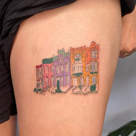 Tattoo • Instagram Building Tattoos, Central Park Tattoo, Street Address Tattoo, Townhouse Tattoo, City Inspired Tattoo, Chicago City Tattoo, Brooklyn Skyline Tattoo, Bay Bridge Tattoo, Snow Globe Tattoo