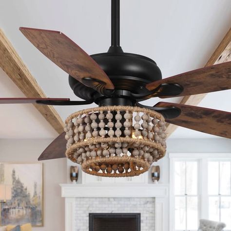 52" Farmhouse Driftwood Jute Wooden Beads Ceiling Fan with Remote - On Sale - Bed Bath & Beyond - 36793132 Unique Ceiling Fans Farmhouse, Coastal Ceiling Fans, Boho Ceiling Fan, Beaded Ceiling Fan, Farmhouse Style Ceiling Fan, Best False Ceiling Designs, Beaded Ceiling, Ceiling Fan Makeover, Bedroom Fan