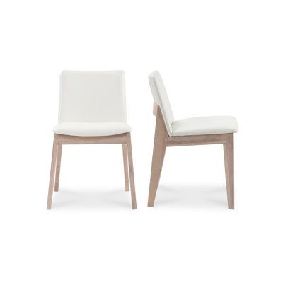 This 2-piece dining chair set brings a modern touch to your dining room with its angled seat and mid-height backrest. Each chair is crafted from solid oak wood, ensuring a natural wood grain color variation that adds character to your space. The chairs are upholstered in polyurethane, providing a comfortable dining experience with foam-filled seats. Their contemporary design elevates the ambiance of your next soiree dinner, creating a leisurely atmosphere for you and your guests. Upholstery Colo Modern Dining Chairs Leather, White Dining Room Chairs, Leather Dining Chairs Modern, Steel Dining Chair, Wood Side Chair, Plastic Dining Chairs, Longboat Key, Leather Dining Chair, Oak Dining Chairs