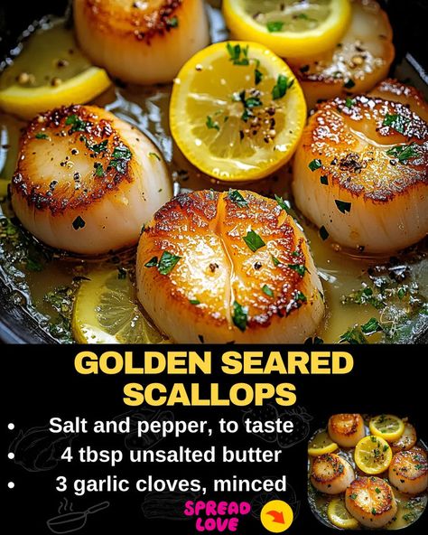 Golden Seared Scallops Pan Seared Scallops, Squeezed Lemon, Seared Scallops, Sea Scallops, Scallop Recipes, Fish Recipes Healthy, Lemon Herb, Scallops Seared, How To Eat Better