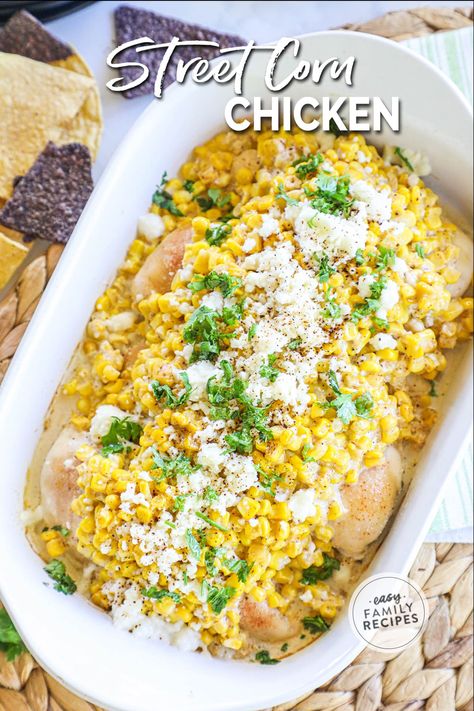 This Mexican Street Corn Chicken Bake recipe is super fast to make and such a delicious family dinner! With the flavors of Elote Corn smothered on top of tender chicken breast and then baked to tender perfection, this recipe is perfect for a busy weeknight. This chicken recipe with a few ingredients still packs in the flavor with sweet corn baked in a combination of mayonnaise, sour cream, spices and cheese for a kid friendly dinner the whole family will love! Chicken Corn Bake, Mexican Street Corn Chicken Bake, Chicken And Creamed Corn, Mexican Corn Chicken, Corn And Chicken Recipes, Mexican Street Chicken, Chicken And Corn Recipes, Street Corn Chicken Rice Bowl, Elote Chicken