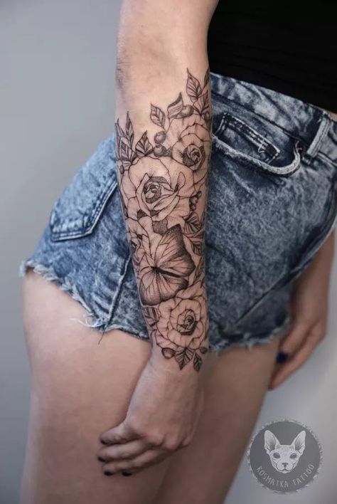 Butterfly Tattoo Half Flowers, Flower Tattoo Arm Sleeve, Half Sleeve Flower Tattoo, Half Arm Sleeve, Rose Half Sleeve, Half Arm Sleeve Tattoo, Tattoo Arm Sleeve, Delicate Flower Tattoo, Small Butterfly Tattoo