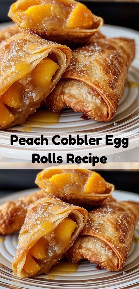 Craving peach recipes? Discover our Peach Cobbler Egg Rolls! This easy dessert is a fantastic twist on traditional peach cobbler recipes, perfect for any sweet tooth. Dessert Egg Rolls Recipe, Peach Cobbler Egg Rolls, Egg Rolls Recipe, No Egg Desserts, Peach Dessert Recipes, Peach Recipes, Peach Desserts, Egg Roll Recipes, Peach Cobbler Recipe