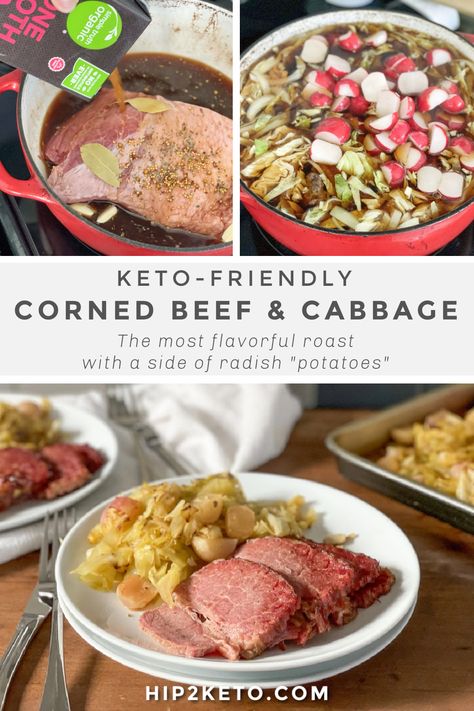 Make St. Patrick's Day all about this easy keto corned beef and cabbage recipe with radish "potatoes". It's the most flavorful roast you'll ever make! #keto #ketorecipes #ketoroast #cornedbeef #cornedbeefandcabbage #cornedbeefrecipes #ketodinner #ketodinnerrecipes #stpatricksday Keto Corned Beef And Cabbage, Radish Potatoes, Keto Corned Beef, Corned Beef And Cabbage Recipe, Beef And Cabbage Recipe, Boiled Dinner, Slow Cooker Corned Beef, Corn Beef, Keto Beef