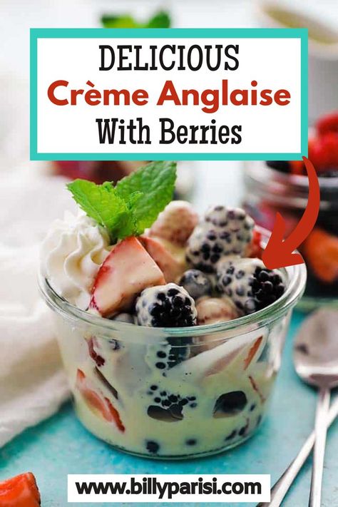 Crème Anglaise is an indulgent sauce that can make your desserts extraordinary. With just a few simple ingredients, it gives desserts an unbelievably delicious rich flavor. Crème Anglaise is a chilled vanilla bean custard that goes fantastic with any chocolate dessert, fresh berries, with pies or cakes as a garnish sauce accompaniment. Desert Pie, Fresh Berries Dessert, Creme Anglaise Recipe, Vanilla Bean Custard, Billy Parisi, Food Deserts, Dessert Sauce, Berry Dessert, Custard Recipes