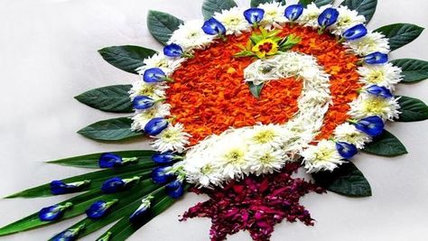 Peacock Rangoli With Flowers, Peacock Flower Rangoli, Flower Rangoli Designs Ideas Beautiful, Rangoli Designs With Flowers Petals, Floral Rangoli Designs Flower, Rangoli From Flowers, Rangoli Peacock, Rakhi Images, Rangoli Flower