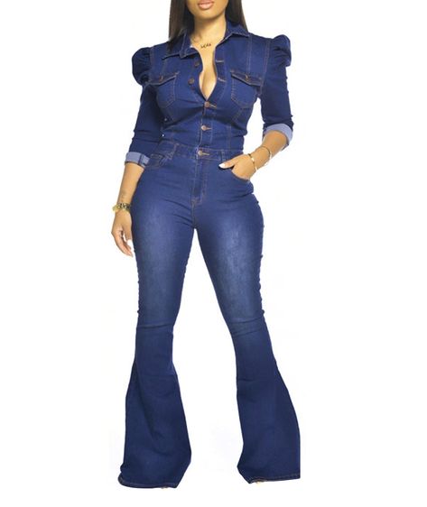 PRICES MAY VARY. ★Material Type☆★Polyester+Cotton.Washed Denim.Comfy,Stretchy,Qualified to wear.NO BELT. ★Features☆★Lapel Denim Jumpsuits,Sexy Button Down,Long Sleeve,Puff Shoulder,Wide Leg Flare Jean Pants,Belt Hole,Full Length,Pockets,Plus Size,Long One Piece Slim Fit Jumpsuit Suit ★Occasions☆★ Oversized and Elegant Rompers Suit for Clubwear,Casual,Cocktail,Night out,School,Beach,Street,Work,Outdoors,Holiday,Date,Party,Evening.Season for Spring,Summer,Fall and Winter. ★☆Washing☆★ Machine Washa Denim Pattern, Trendy Hoodies, Trendy Denim, Fitted Jumpsuit, Denim Patterns, Casual Rompers, Plus Size Jumpsuit, Long Jumpsuits, Long Sleeve Jumpsuit