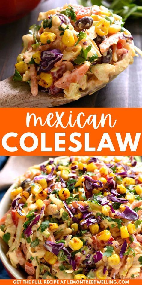 This Mexican coleslaw combines all the Mexican flavors you love in a deliciously creamy coleslaw! Packed with black beans, fresh cilantro, bell peppers, and taco seasoning... it's the perfect side dish for potlucks, picnics, or summer bbqs! Salads Made With Coleslaw, Mexican Corn Slaw Recipe, Hot Coleslaw Recipe, Recipe With Coleslaw, Corn Coleslaw, Mexican Coleslaw, Plats Ramadan, Salad Coleslaw, Salad Kale