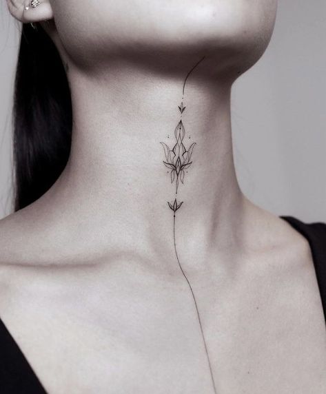 Line Art Neck Tattoo, Fine Line Throat Tattoo, Line Throat Tattoo, Delicate Throat Tattoo, Minimal Neck Tattoo, Fine Line Neck Tattoo, Ornamental Neck Tattoo, Best Spine Tattoos, Chest Neck Tattoo