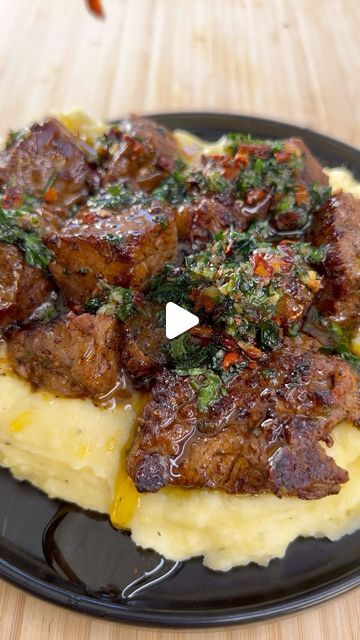 Steak Bites And Mashed Potatoes, Buttery Steak Bites, Butter Garlic Steak Bites, Buttery Steak, Garlic Steak Bites, Garlic Parmesan Mashed Potatoes, Steak And Mashed Potatoes, Parmesan Mashed Potatoes, Garlic Steak