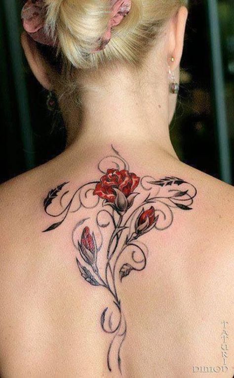 Flowers and Vines | Tattoo Ideas, Artists and Models Rose Tattoo On Back, Rose Tattoos For Women, Girl Back Tattoos, Back Piece Tattoo, Red Rose Tattoo, Best Tattoos For Women, Vine Tattoos, Rose Tattoo Design, Back Tattoo Women