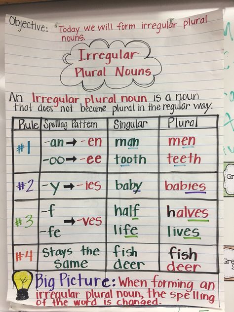 Irregular plural noun anchor chart Irregular Plurals Anchor Chart, Irregular Nouns Anchor Chart, Irregular Verbs Anchor Chart, Irregular Plural Nouns Anchor Chart, Plural Nouns Anchor Chart, Noun Anchor Chart, Grammar Anchor Charts, Irregular Nouns, Irregular Plural Nouns