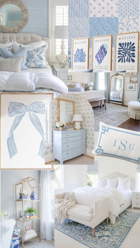 coastal inspired bedroom Cozy Rustic Farmhouse, Blue And White Bedroom, Costal Bedroom, Coastal Room Decor, Farmhouse Design Ideas, Beach Room Decor, Dorm Room Styles, Coastal Room, Inspired Bedroom