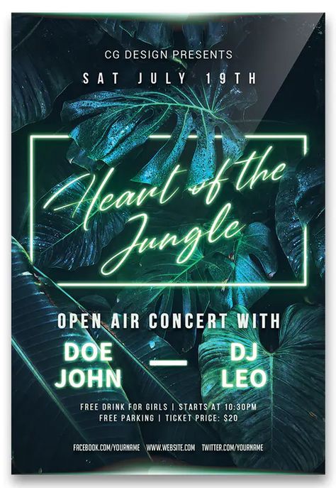 Neon Jungle Flyer Template PSD 90s Jungle Rave Flyers, Jungle Flyer, Artworks Ideas, Techno Party, Neon Jungle, Flyer Design Inspiration, Club Flyers, Jungle Party, Flyer Design Templates