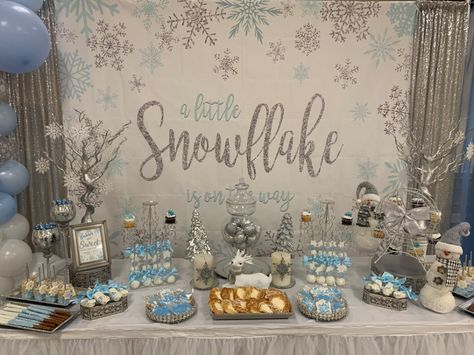 Winter Wonderland Sweet Table, Winter Wonderland Candy Bar, Snowflake Dessert Table, A Snowflake Is On The Way, Winter Baby Shower Dessert Table, Gender Reveal Winter Wonderland, Winter Wonderland Candy Table, Snow Flake Baby Shower Theme, Winter Wonderland Treat Table