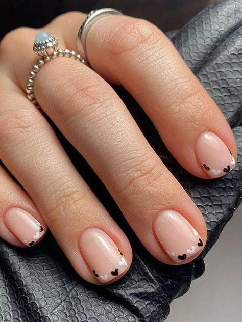 Tiny black and white hearts on the tips Nude Nail, Nude Nail Designs, Nail Designs, Dots, Nail Art, Nails, Pink, Black, Art