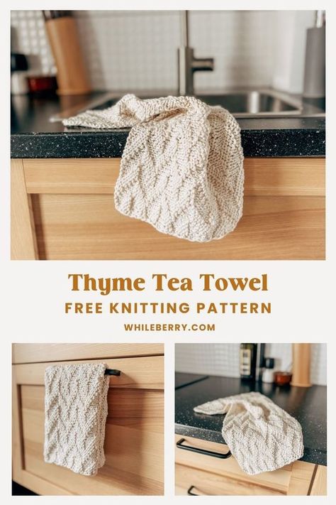 Thyme Tea Towel - Easy Rustic Kitchen Towel Free Knitting Pattern for Beginners — Whileberry | Modern Knitting Patterns, Classes and Tutorials Washcloth Pattern Knitted, Free Simple Knitting Patterns, Knitting For Beginners Patterns Free Simple, Knit Dishtowel Pattern Free, Knitted Household Items, Knitted Dish Towel, Basic Knitting Projects, Crochet Towel Free Pattern, Worsted Yarn Knitting Patterns